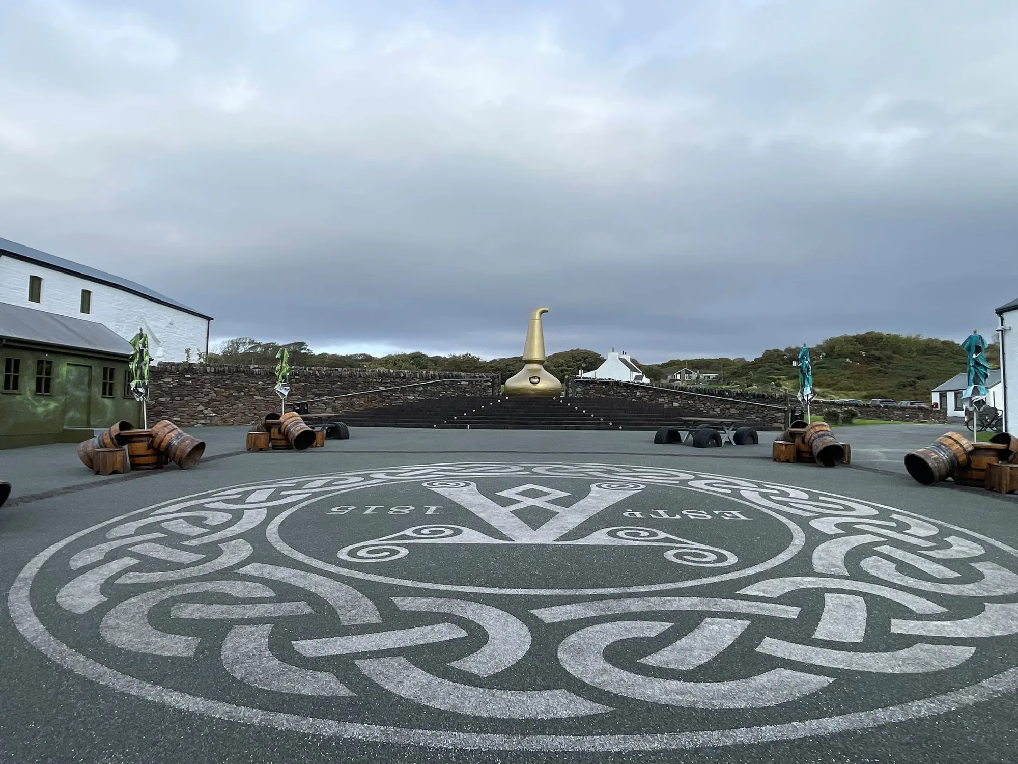 The golden pot still in the Ardbeg Distillery courtyard