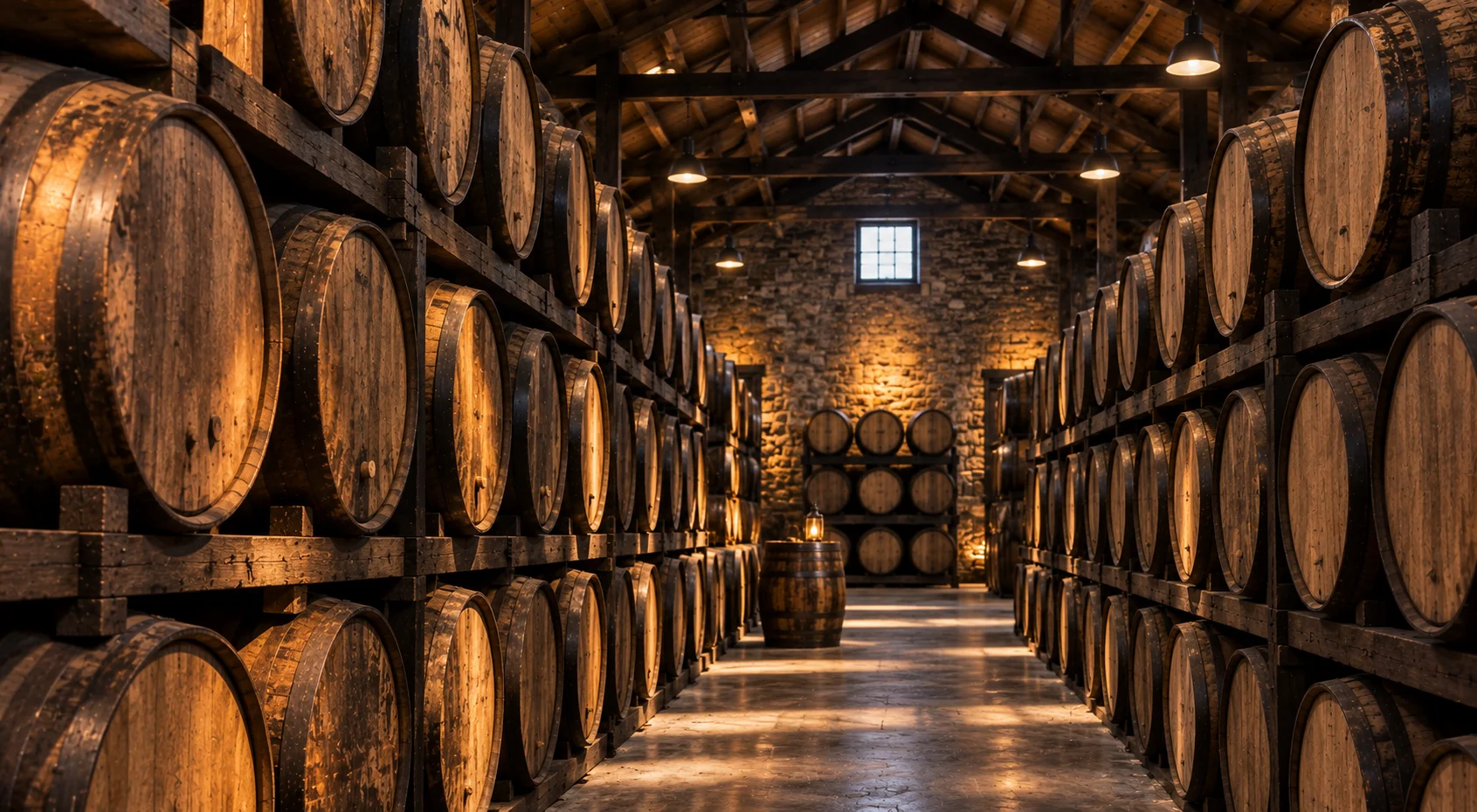 Oak casks maturing in a Scottish whisky warehouse