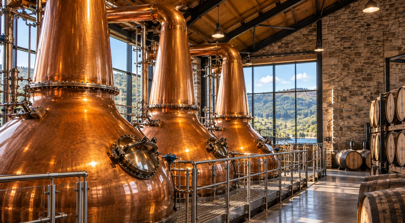 Copper pot stills inside a Scottish whisky distillery